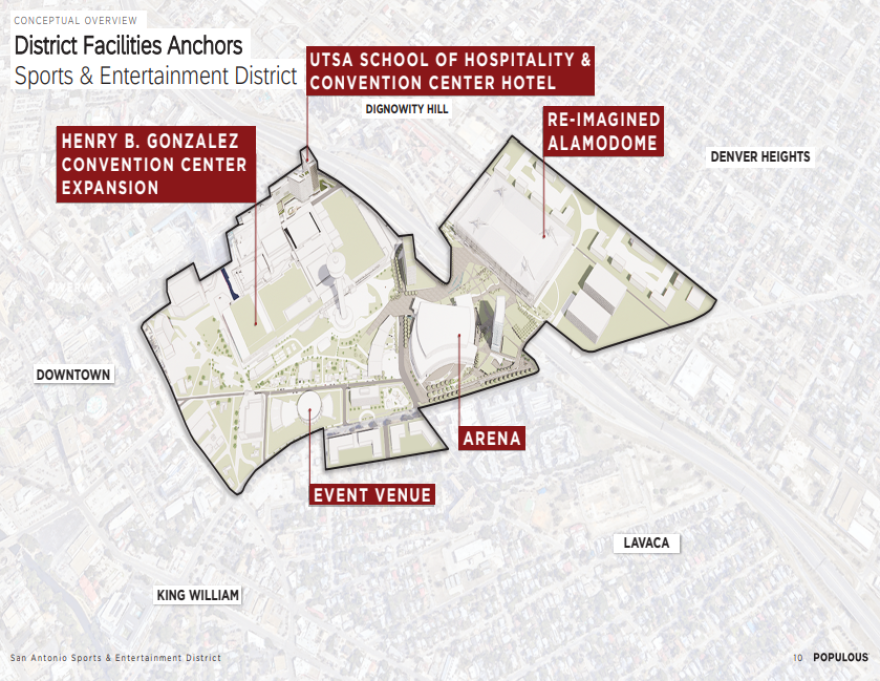 A map of where some of the Sports & Entertainment District main projects will be located.