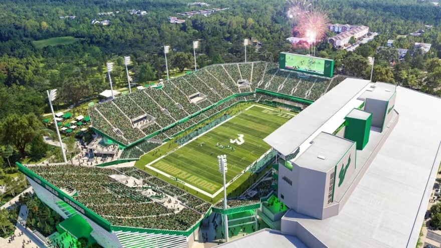 South Florida's $407 million on-campus stadium is under construction on the east side of the Tampa campus, with the first game set for Sept. 5, 2027, against Louisville.