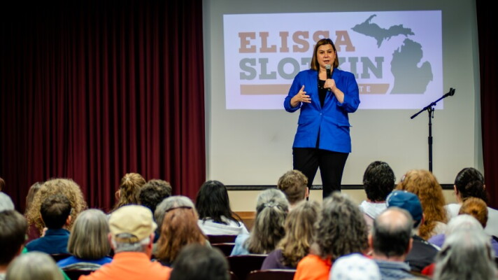 U.S. Representative Elissa Slotkin, the Democrat running for Michigan's open U.S. Senate seat, speaks at a campaign event at Central Michigan University on Thursday, October 17, 2024.