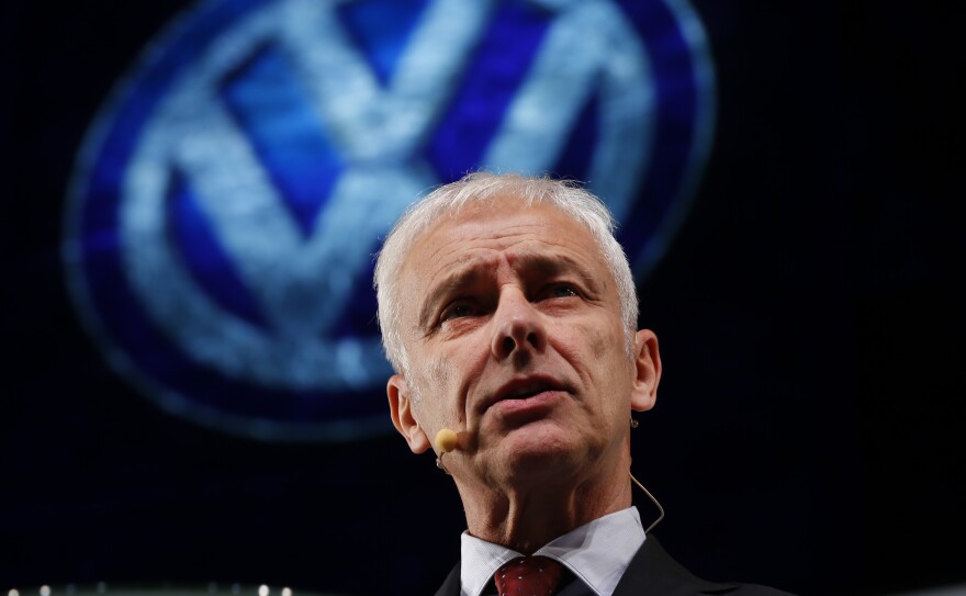 Volkswagen CEO Matthias Mueller speaks to the media Sunday in Detroit, apologizing for the scandal that has plunged the German auto giant into crisis.