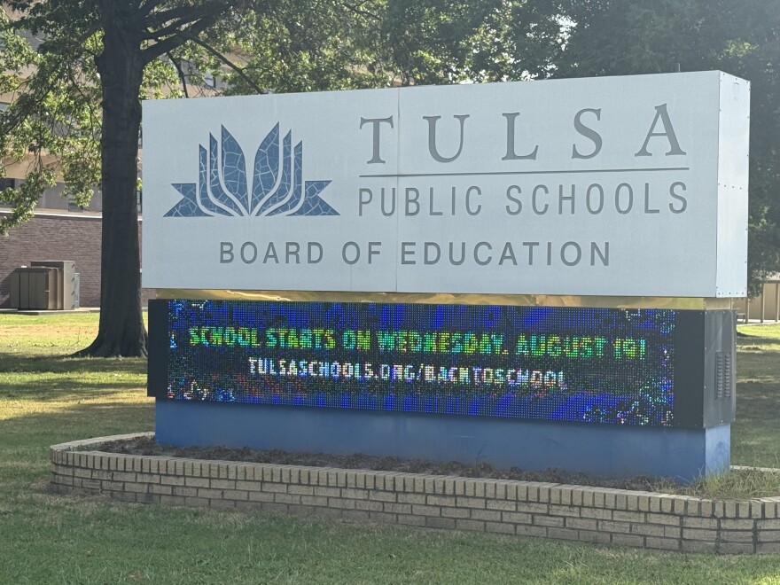 The Tulsa Public Schools Board of Education sign sits outside of its administrative building in Tulsa.