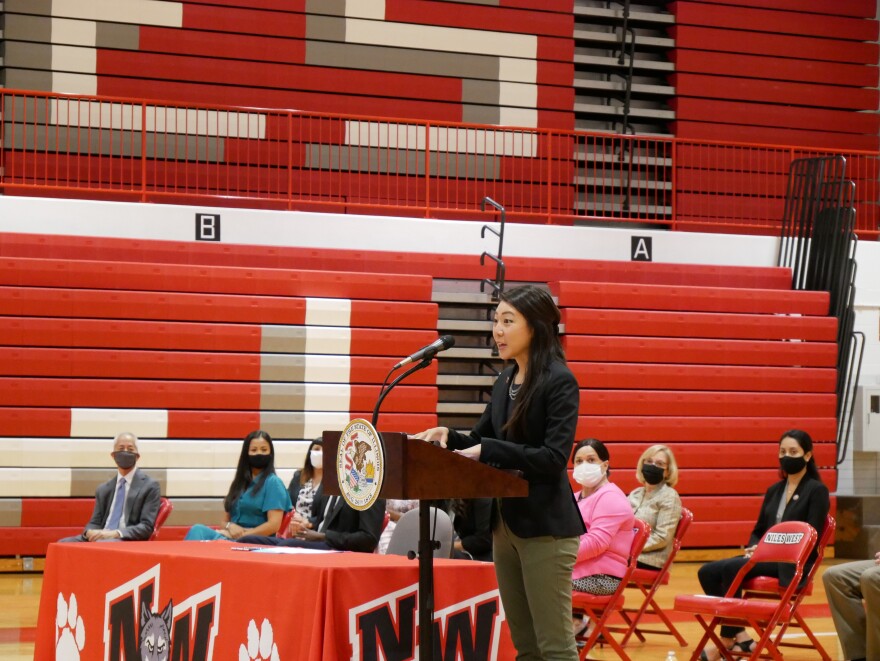 Grace Pai, executive director of Asian Americans Advancing Justice — Chicago, speaks at the bill signing ceremony for the TEAACH Act.