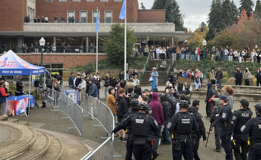 Police were present inside EMU Amphitheater and atop surrounding buildings at the Turning Point USA event at the University of Oregon, Oct. 28, 2026.