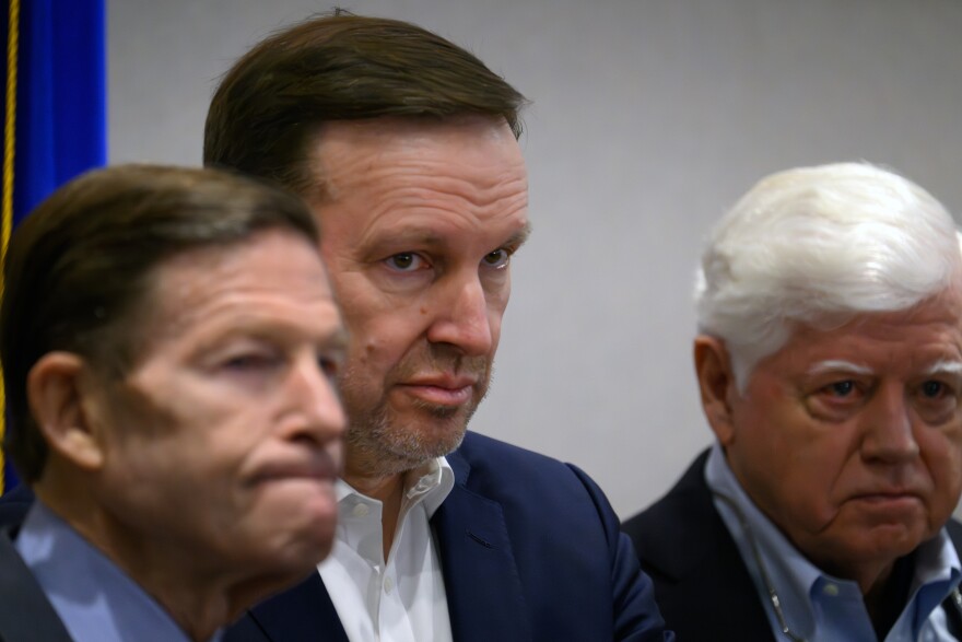 Hartford, Ct. — March 06, 2026 — U.S. Senator Richard Blumenthal, U.S. Senator Chris Murphy and congressman John Larson participate a press conference at the Legislative Office Building, March 6, 2026. During the event, Murphy said about the war in Iran, “Either this is just an air campaign, or this is ultimately going to result in US troops on the ground in Iran? Either one of those strategies will not work. There is no history that an air campaign by itself can lead to the toppling of a despotic regime replaced by a democracy, nor the eradication of Iran's nuclear program. Iran's nuclear program is buried underground the key elements of it, and so to get rid of Iran's total nuclear program, you cannot do that through the air. The alternative, of course, is much worse, a US ground invasion of Iran, which would result in 1000s of Americans dying and trillions of our dollars being wasted.”