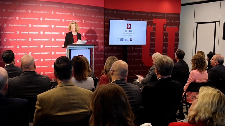 Indiana University President Pamela Whitten speaks during a Jan. 27 press conference at the Indiana Biosciences Research Institute to celebrate and officially launch IU LAB.