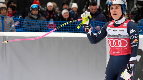 United States' Lindsey Vonn at the finish line after crashing, during an alpine ski, women's World Cup downhill, in Crans Montana , Switzerland, Friday, Jan. 30, 2026.