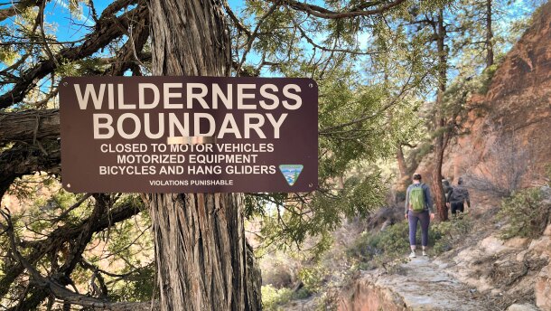A sign on a tree welcomes hikers to southern Utah’s Canaan Mountain Wilderness, Nov. 30, 2024.