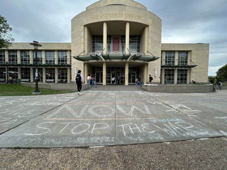  An example of chalking done by pro-Palestinian activists on the University of Houston campus.