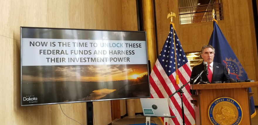 Gov. Doug Burgum releases his proposal for spending American Recovery Plan Act money at a Capitol news conference