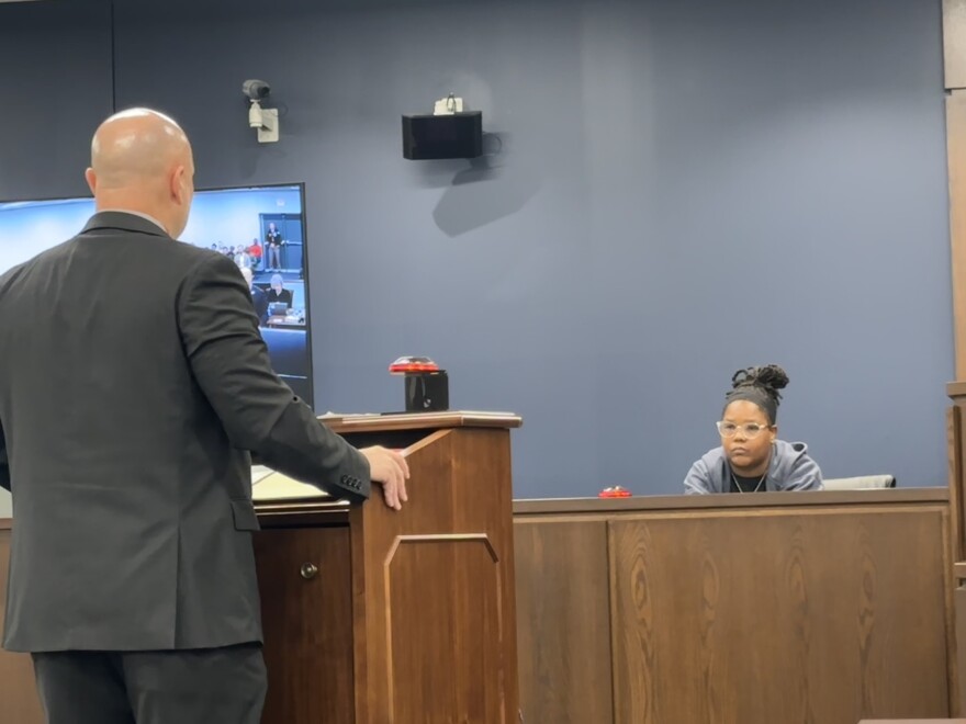 Shamica Powell is cross-examined by Richie Kemp, an attorney for the office of the attorney general.