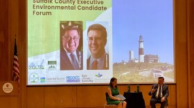 Brookhaven Town Supervisor Ed Romaine, Republican, talks about environmental issues at a forum held by the New York League of Conservation Voters in Stony Brook on July 18, 2023