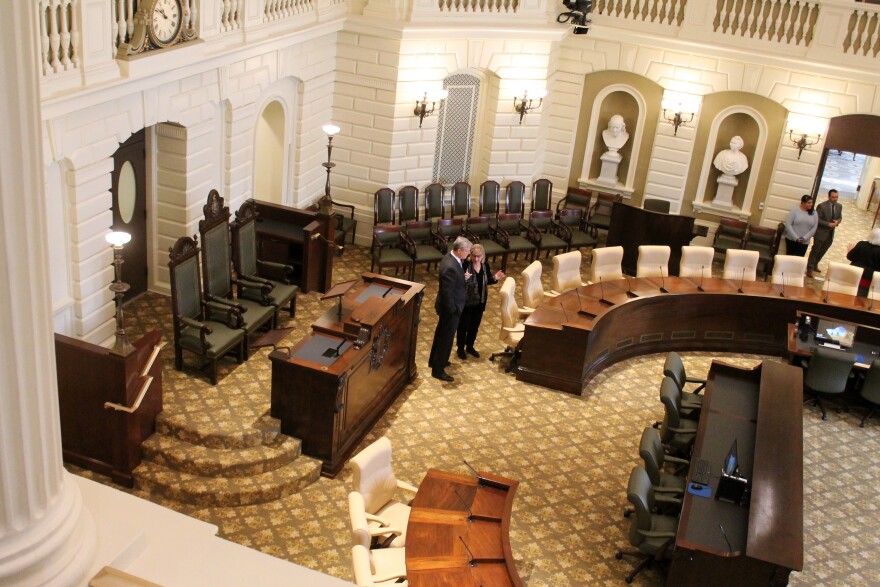 Massachusetts Senate President Karen Spilka and Governor Charlie Baker in the state Senate chamber.