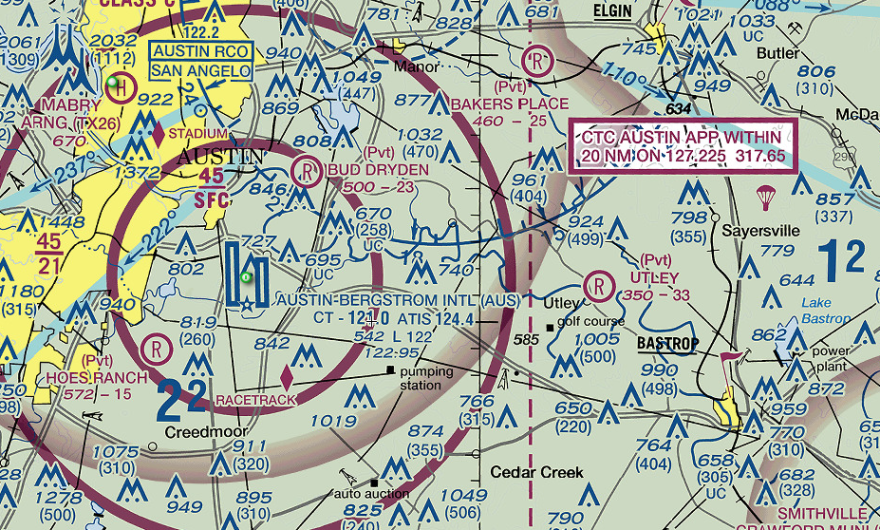 An aeronautical map showing Austin-Bergstrom International Airport. Air traffic control maps would have to change if the airport's name changed.