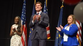 Beau Bayh celebrates after winning the Democratic secretary of state nomination at the Indiana Democratic Convention on Saturday, June 6, 2026, in Indianapolis. The party also formally nominated Coumba Kebe, left, for state treasurer, and Jessica Bailey, right, for state comptroller.