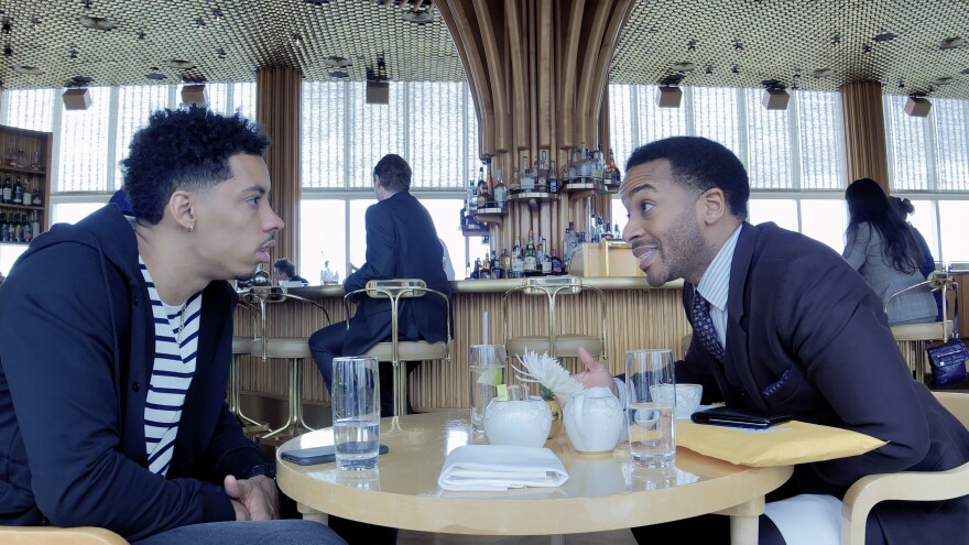 Melvin Gregg as Erick Scott and André Holland as Ray Burke in <em>High Flying Bird</em>, directed by Steven Soderbergh.