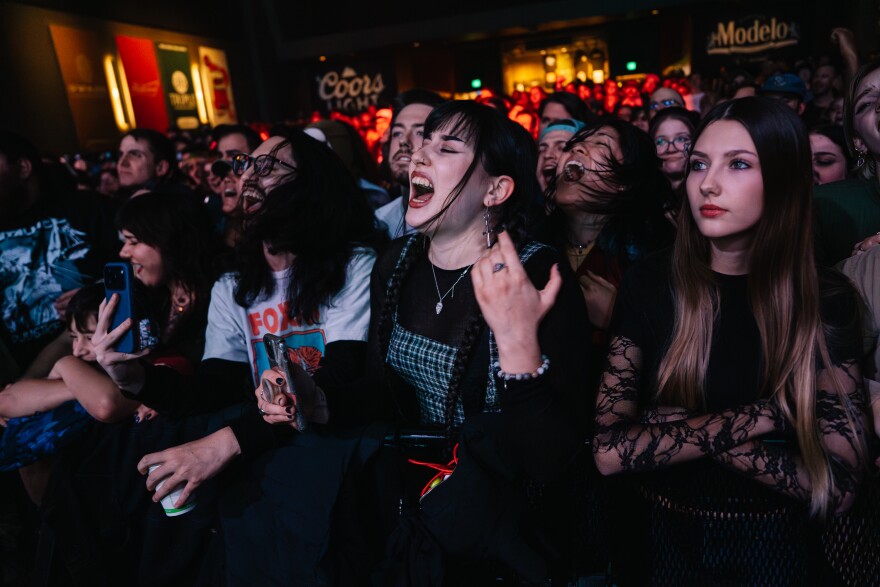 Fans react as Foxing performs during one of their last shows as a band at Delmar Hall on Friday, Dec. 5, 2025, in St. Louis’ West End neighborhood.