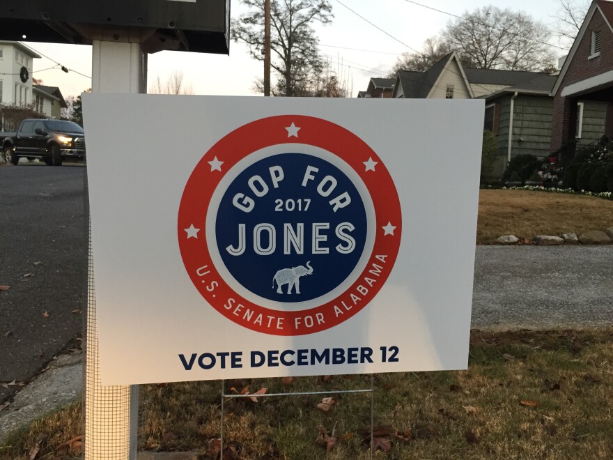 Campaign signs for Republicans who support Jones, the Democrat running in Alabama's special U.S. Senate election on Dec. 12, are popping up throughout the state.