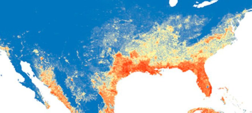 This map shows the predicted distribution of <em>Aedis aegypti, </em>the mosquito that can carry the Zika virus. The redder the area, the likelier you are to find <em>A. aegypti</em> there.
