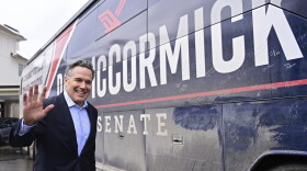 David McCormick, a Republican candidate for U.S. Senate in Pennsylvania, prepares to enter his campaign bus after a a campaign stop in Erie, Pa. on Saturday, Feb. 17, 2024.