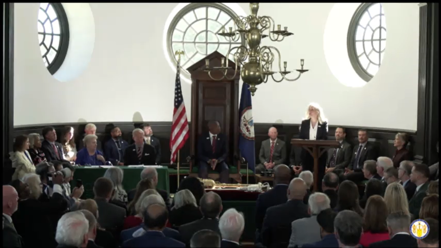 Gov. Abigail Spanberger addresses a commemorative session marking the 250th anniversary of the Virginia General Assembly in Williamsburg on October 7, 2026.