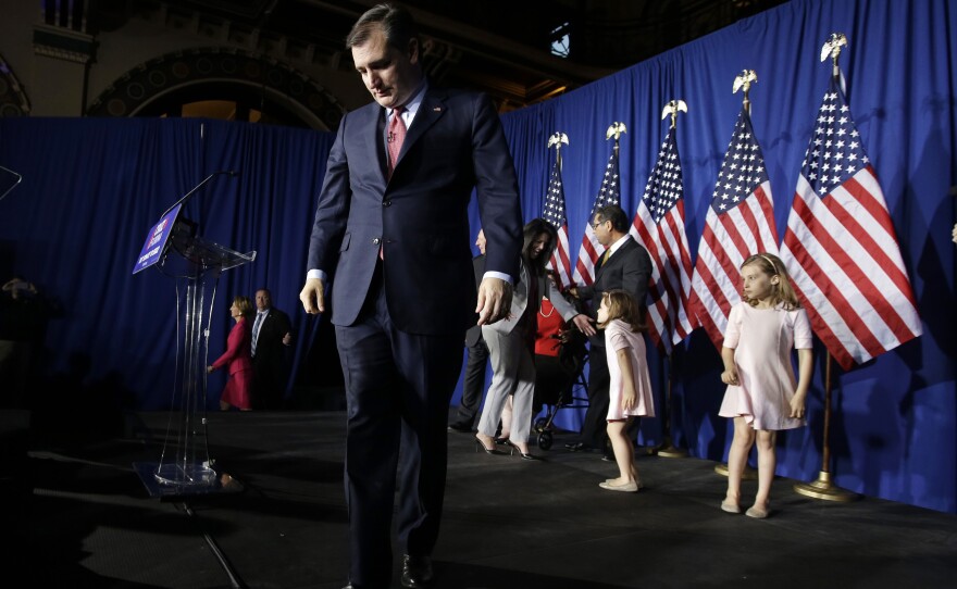 Sen. Ted Cruz, R-Texas, walks off the stage following a primary night campaign event in Indianapolis. Cruz suspended his campaign as results rolled in Tuesday.