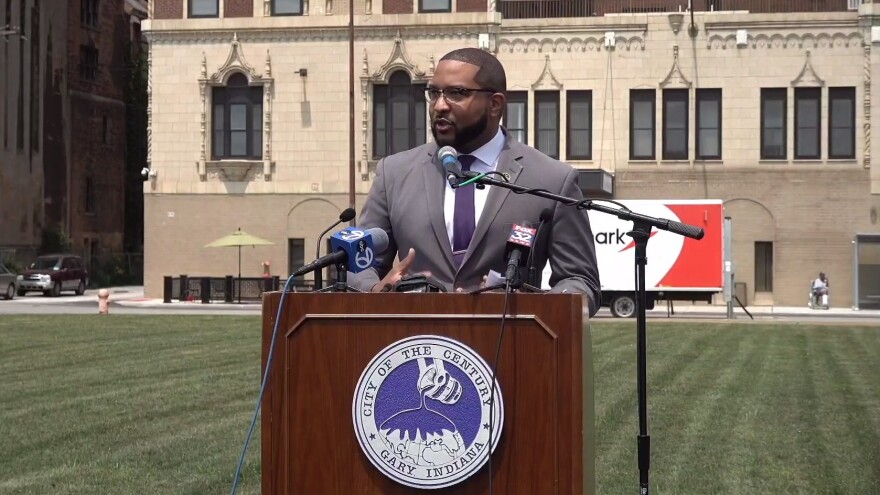 Gary Mayor Eddie Melton announces a partnership with the Notre Dame School of Architecture’s Housing and Community Regeneration Initiative on a new downtown master plan during a July 23 press conference.