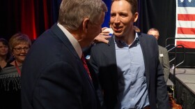 Gov. Mike Parson, left, greets U.S. Sen. Josh Hawley at Lincoln Days, the largest annual gathering of Missouri Republicans, on Saturday in Springfield. 
