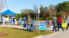 A Pittsboro polling place with scattered individuals and a thicket of political signage.