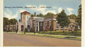 An old postcard photo of the Gastonia community center, which includes the Women's Club Building, Memorial Hall and Public Library.