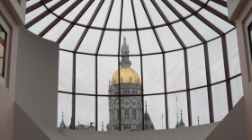 The Connecticut state Capitol, seen from inside the Legislative Office Building.