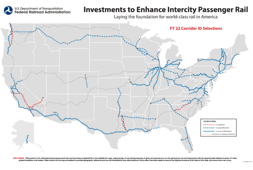 The dotted blue line in Northeast Indiana represents the potential return of passenger rail.