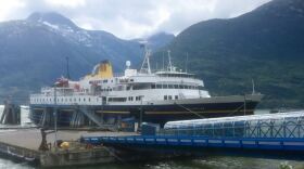 The ferry Malaspina docks in Skagway Aug. 25, 2017. (Photo by Ed Schoenfeld/CoastAlaska News)