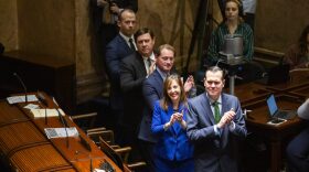 Kentucky’s constitutional officers, from left, Agriculture Commissioner Jonathan Shell, Treasurer Mark Metcalf, Secretary of State Michael Adams, Auditor Allison Ball and Attorney General Russell Coleman applaud as Senate President Robert Stivers enters the chamber before the State of the Commonwealth address, Jan. 3, 2024