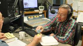 Mark Layne (right) and Charlie Manuel do “egg pocking” live on air on La Tasse De Café, a bilingual English and French radio program on KVPI.