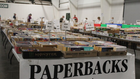Volunteers with Friends of the Library prepare for the 2026 Fall Book Sale. (Photo taken on September 14, 2026)