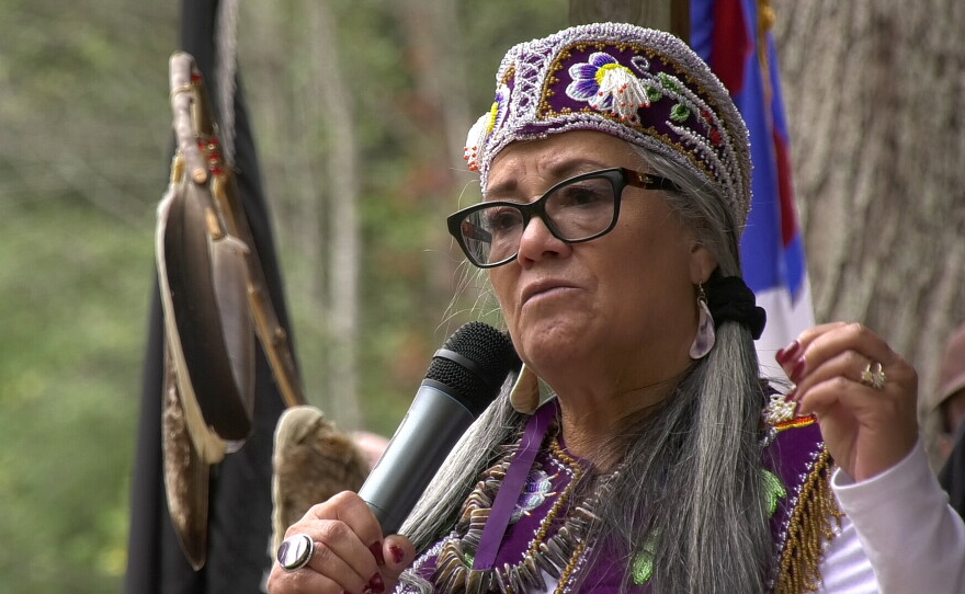 Rappahannock Indian Tribe Chief Anne Richardson speaks to the crowd at a powwow in filmmaker James Spione's new documentary, "The Native Shore."