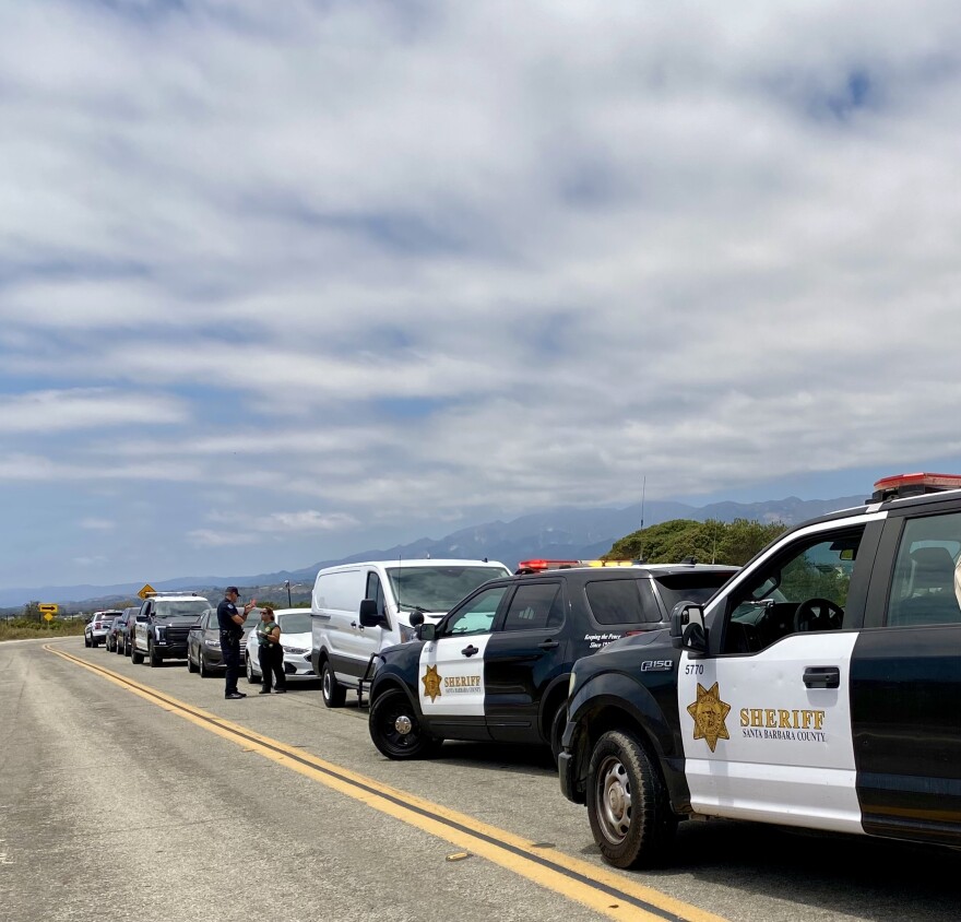 First responders at the Goleta Slough Tuesday, where the body of a missing woman was discovered.