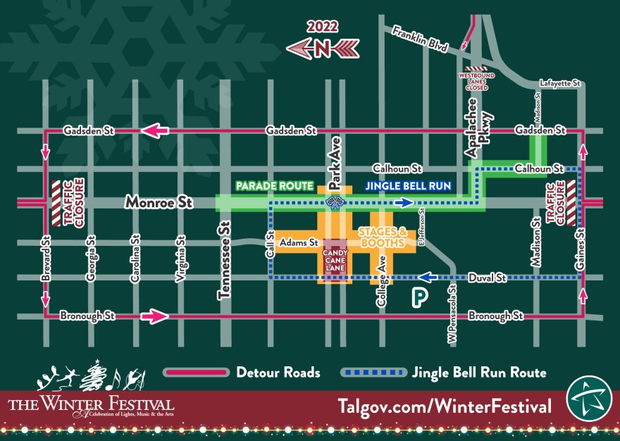 A map of routes and closures for Tallahassee Winter Festival 2022