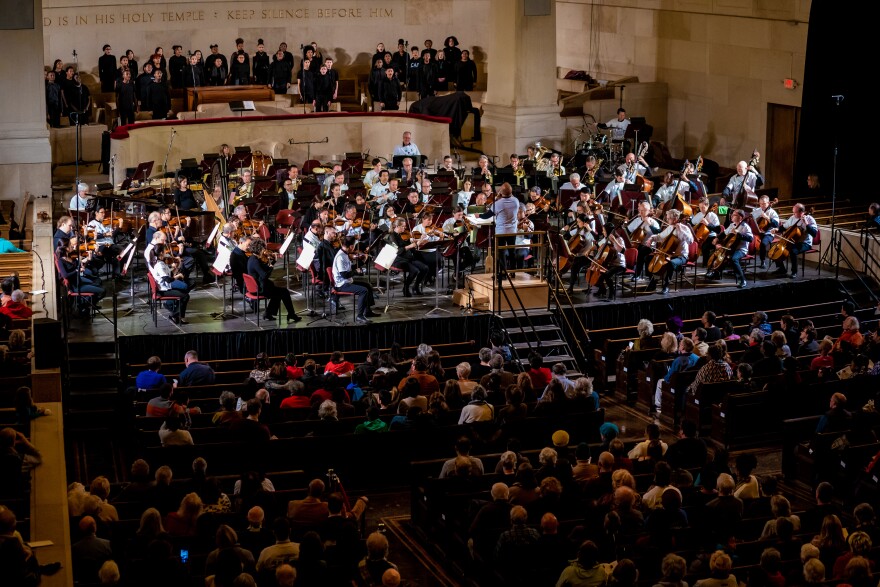 The Philadelphia Orchestra with the Philadelphia High School for Creative and Performing Arts Chorus, during the Martin Luther King, Jr., Tribute Concert at Girard College Chapel in 2020.