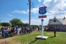 Edward Threatt, Sr. addresses the crowd at the dedication of the Threatt Filling Station monument off Route 66 in Luther, Oklahoma.
