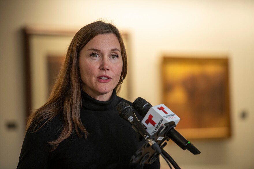 FILE - Salt Lake City Mayor Erin Mendenhall speaks at the Salt Lake City International Airport in Salt Lake City, Oct. 16, 2025.