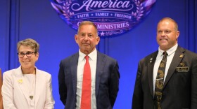 Hollie Noveletsky, Anthony DiLorenzo and Brian Cole, who are running in the Republican primary for the 1st Congressional District, following a debate in Brentwood on Aug. 13, 2026.