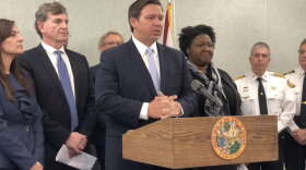 Governor Ron DeSantis gives details on two presumptive positive cases of COVID-19 in Florida in a press conference Monday morning at the Florida Department of Health Tampa Branch Laboratory. Photo credit: Daylina Miller / WUSF Public Media