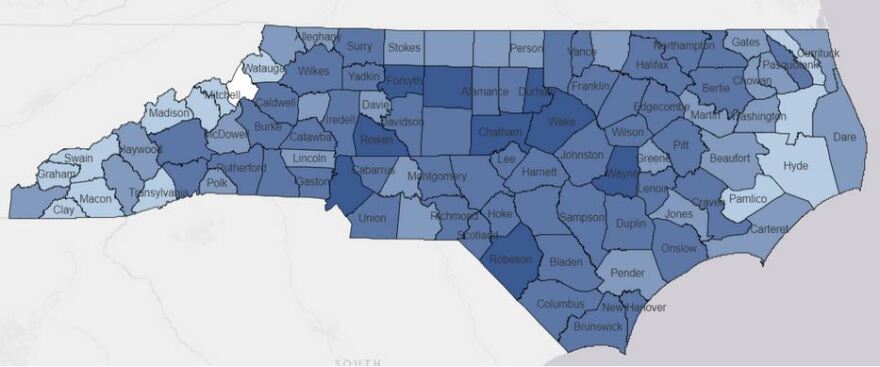 A county by county breakdown of where the most COVID-19 cases have been seen. The darker shade indicates higher COVID-19 instances.