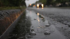 Rain puddles on Anchorage's streets on July 8, 2020. (Lex Treinen/Alaska Public Media)