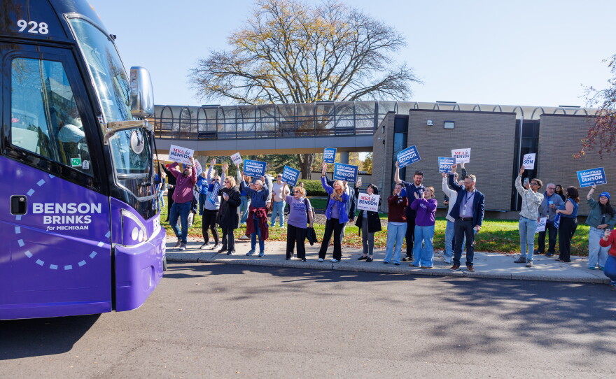 Democratic nominee for governor Jocelyn Benson launched her statewide "Driving Down Costs" bus tour in East Lansing, Mich., on Oct. 22, 2026.