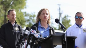 Rep. Debbie Wasserman Schultz speaks outside the migrant detention facility dubbed "Alligator Alcatraz" during a news conference ahead of a tour of the Dade-Collier Training and Transition Facility, Saturday, July 12, 2025, in Ochopee.
