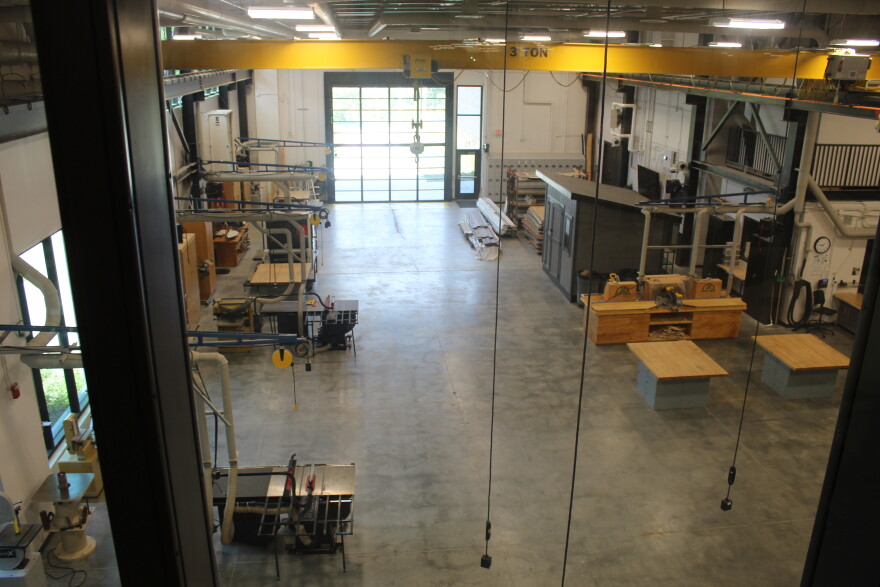 A shop space at Rock Ridge High School in Virginia features a 3-ton crane. Photographed Aug. 27, 2026.