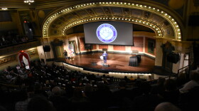 Cincinnati Mayor John Cranley speaking at Memorial Hall Wednesday night.