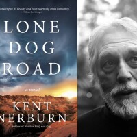Cover for the book "Lone Dog Road" depicting a canyon prairie and stormy sky sunset; to the right is a black and white photograph of the author, Kent Nerburn.